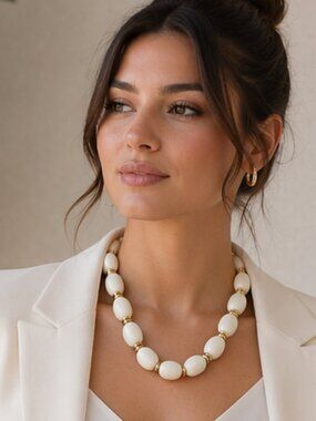 Vintage 80s White Resin Bead Necklace Gold Tone Spacers Statement